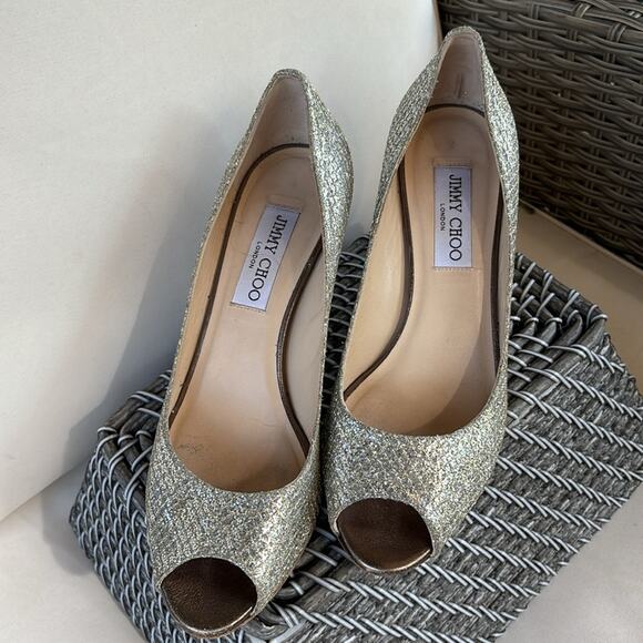Jimmy Choo Isabel Glitter Peep Toe Pumps Shoes Size 7.5 US - Picture 2 of 12
